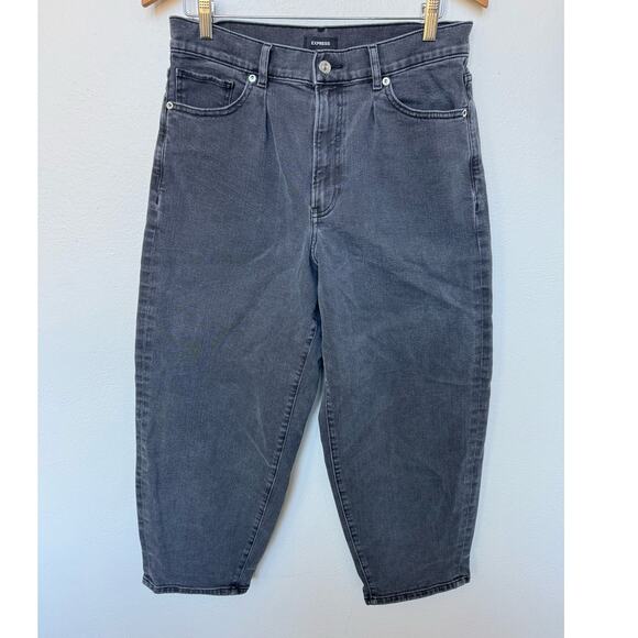 Express Balloon Leg Super High Waisted Faded Black Pleats Crop Denim Jeans Sz 12 - Picture 1 of 7